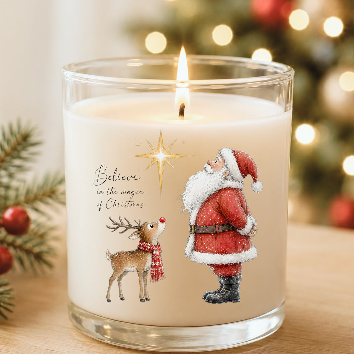 Believe Santa And Reindeer UV DTF sticker applied to a white candle in a glass holder near Christmas lights