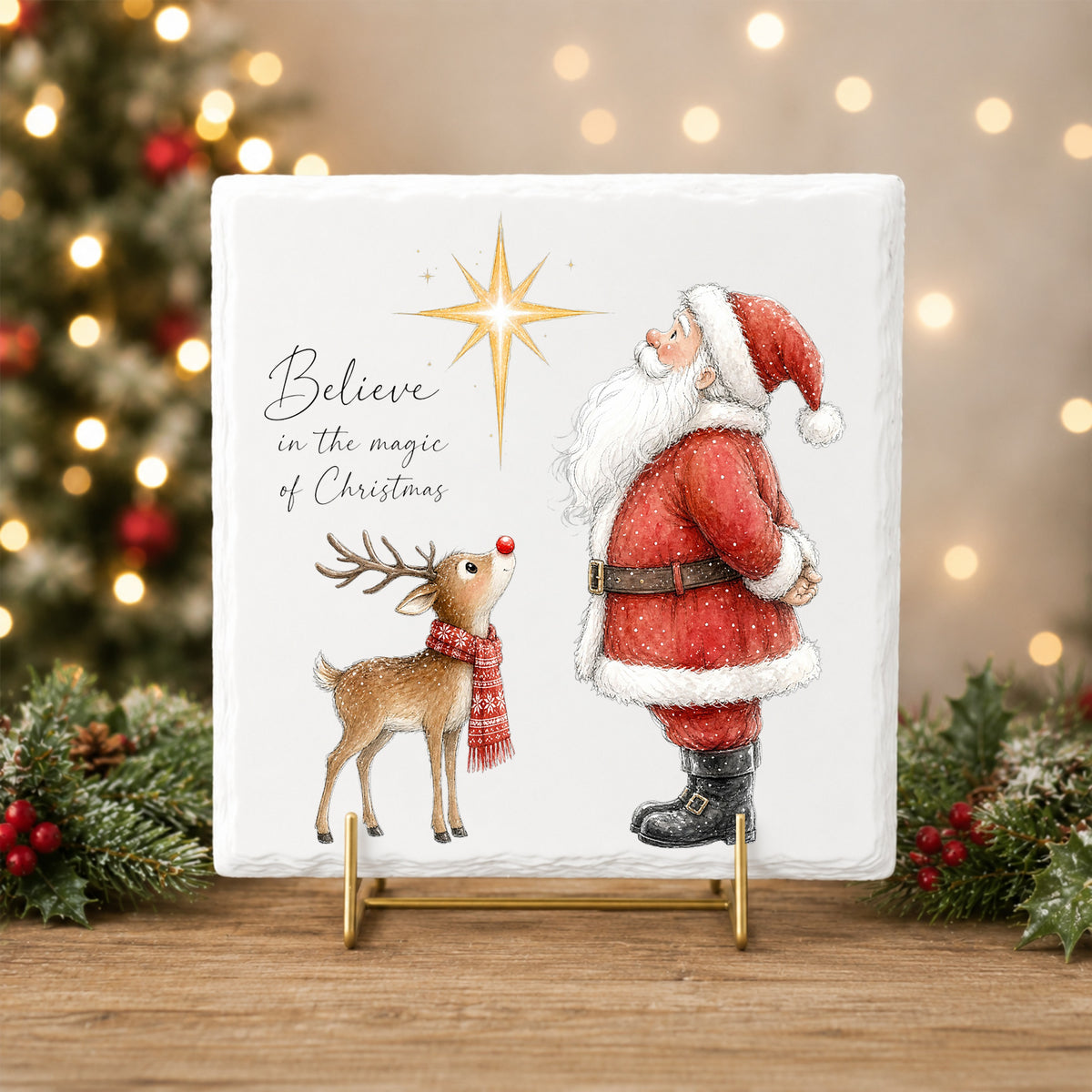 Believe Santa And Reindeer UV DTF sticker applied to a white tile on a gold stand