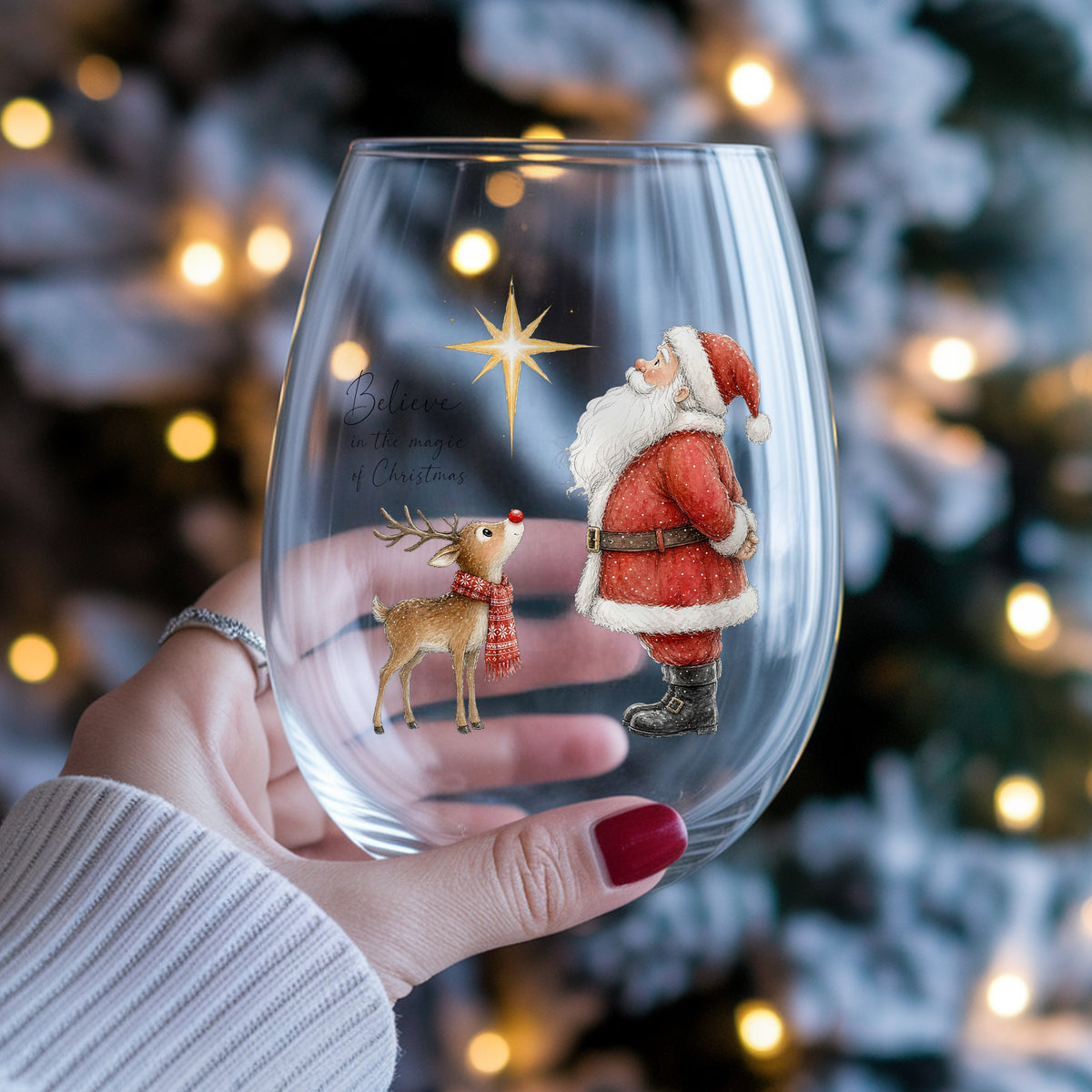 Believe Santa And Reindeer UV DTF sticker applied to a stemless wine glass held in hand