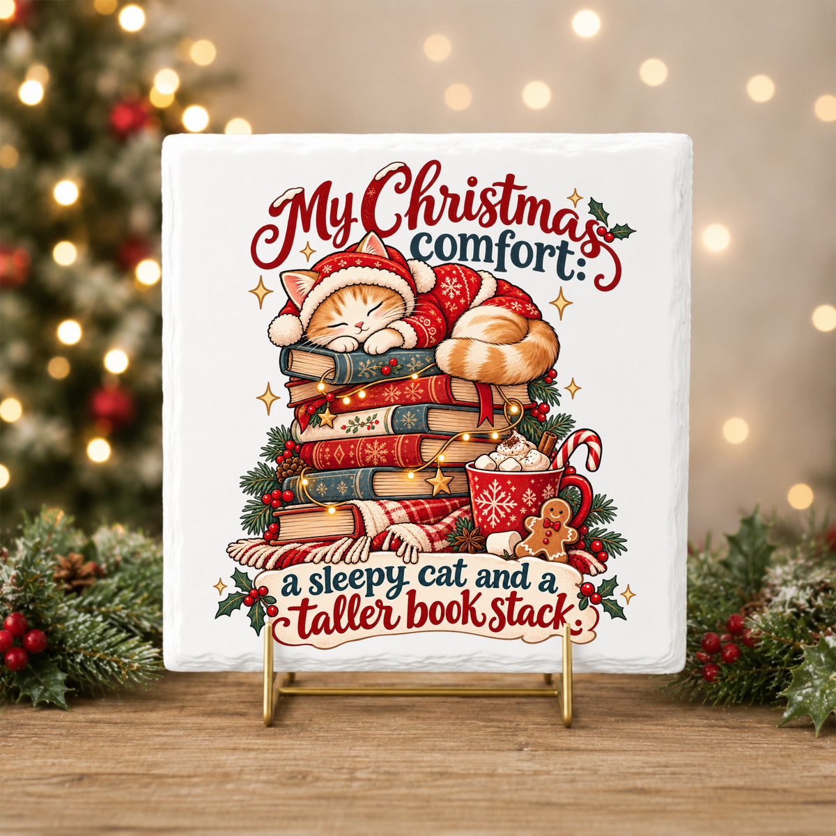 Sleepy Christmas Cat On Book Stack UV DTF sticker applied to a white tile on a gold stand