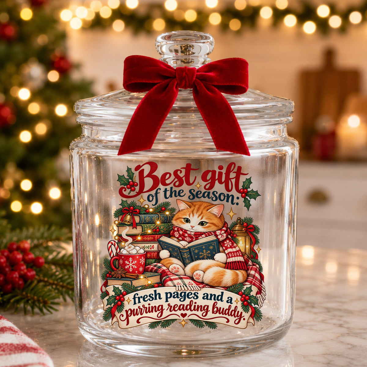 Christmas Cat Reading A Book UV DTF sticker applied to a glass candy jar tied with a red bow