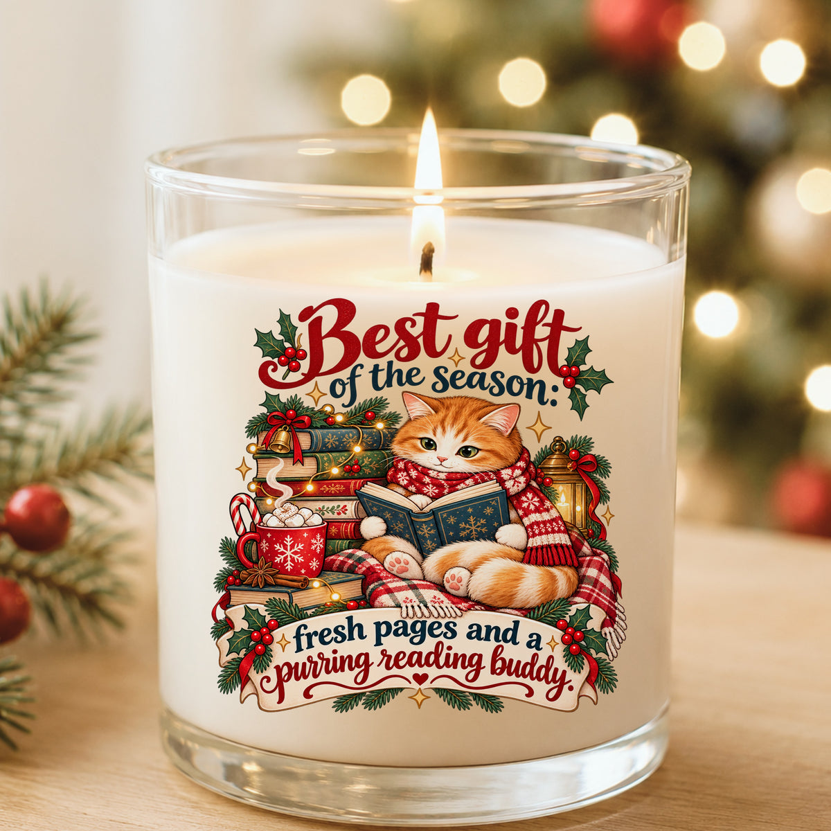 Christmas Cat Reading A Book UV DTF sticker applied to a white candle in a glass holder near Christmas lights