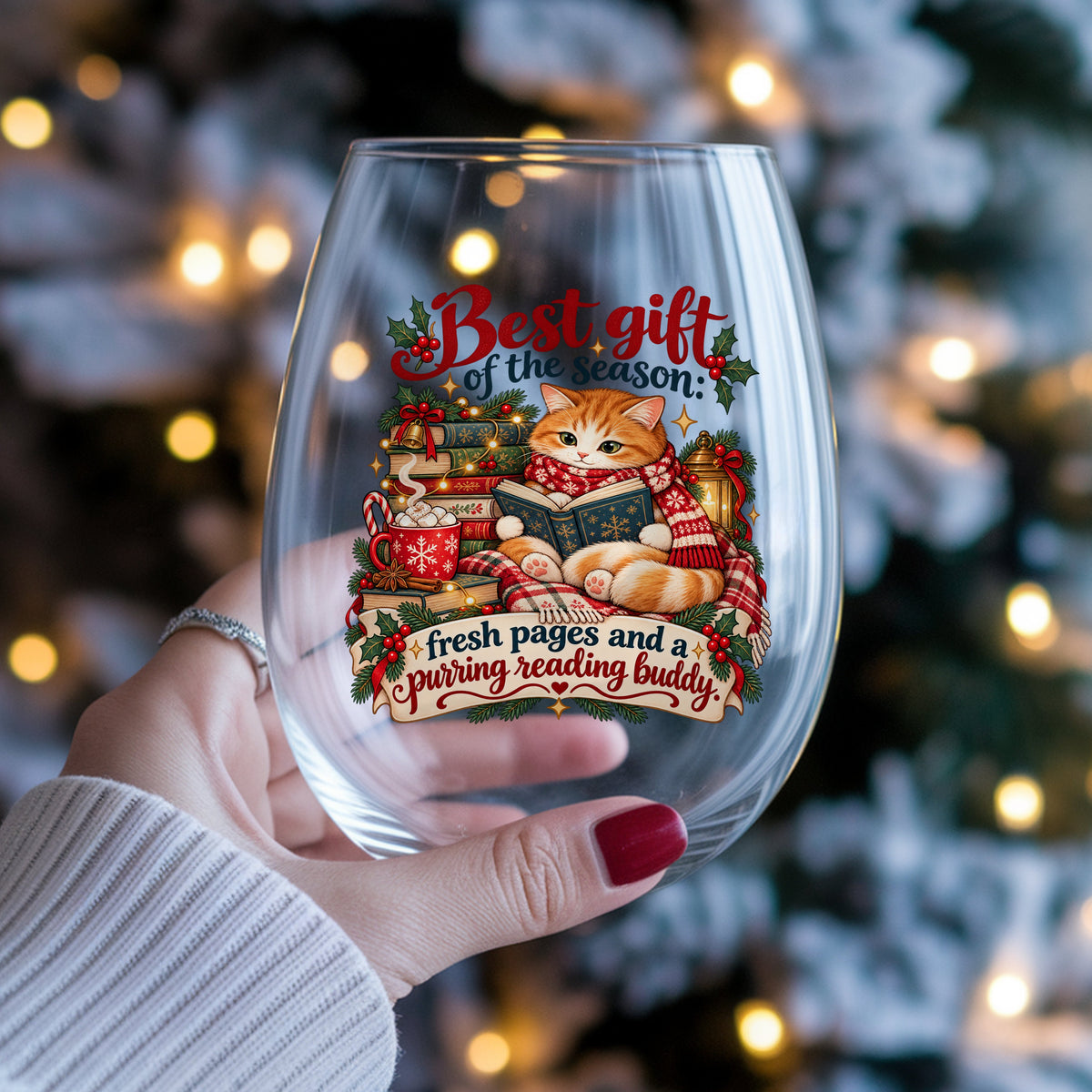 Christmas Cat Reading A Book UV DTF sticker applied to a stemless wine glass held in hand