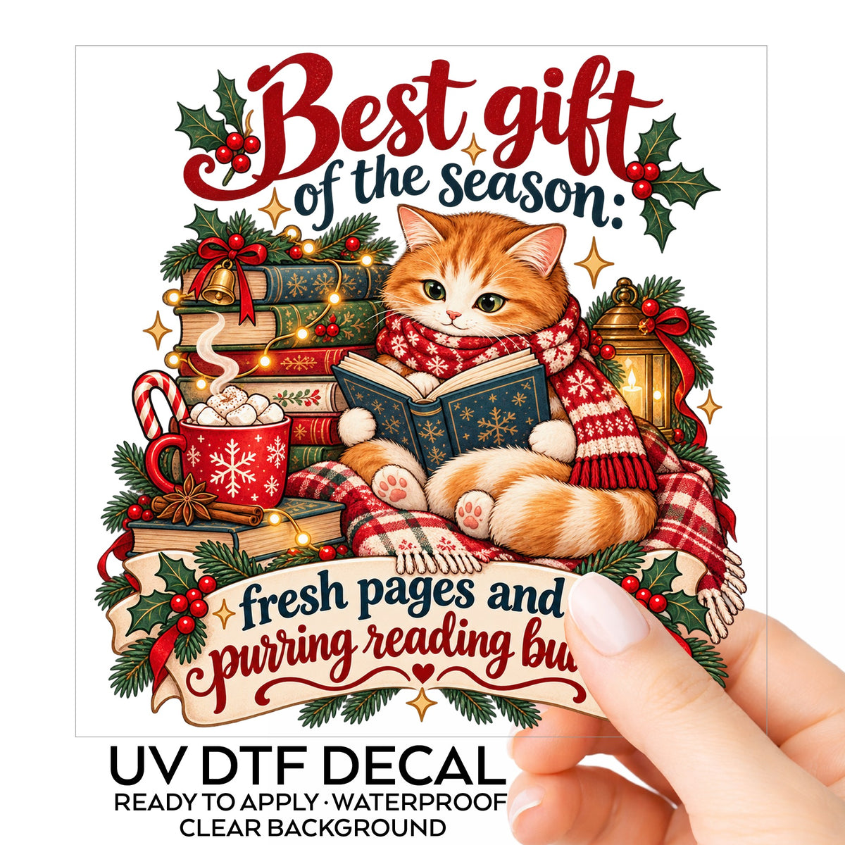 Christmas Cat Reading A Book UV DTF sticker on its backing card, held in hand