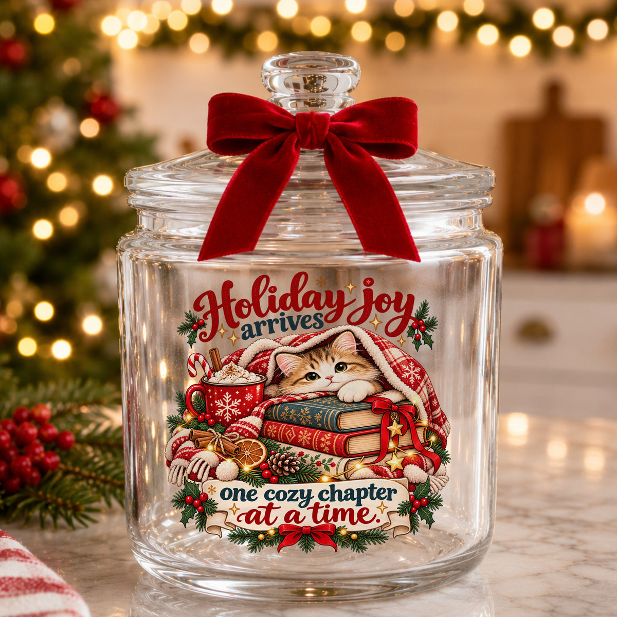 Cozy Kitten Under Plaid Blanket With Books UV DTF sticker applied to a glass candy jar tied with a red bow