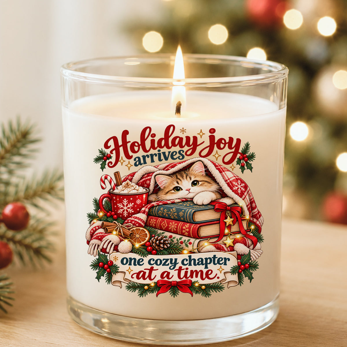 Cozy Kitten Under Plaid Blanket With Books UV DTF sticker applied to a white candle in a glass holder near Christmas lights