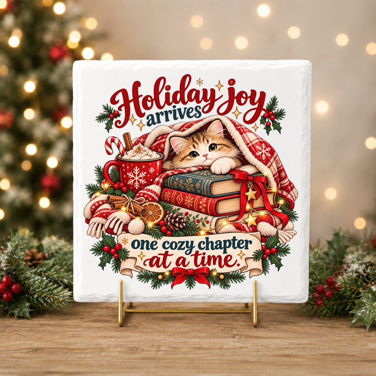 Cozy Kitten Under Plaid Blanket With Books UV DTF sticker applied to a white tile on a gold stand