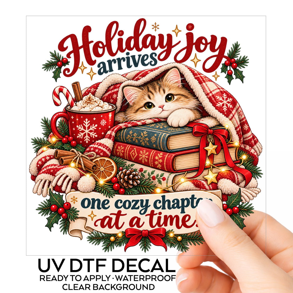 Cozy Kitten Under Plaid Blanket With Books UV DTF sticker on its backing card, held in hand