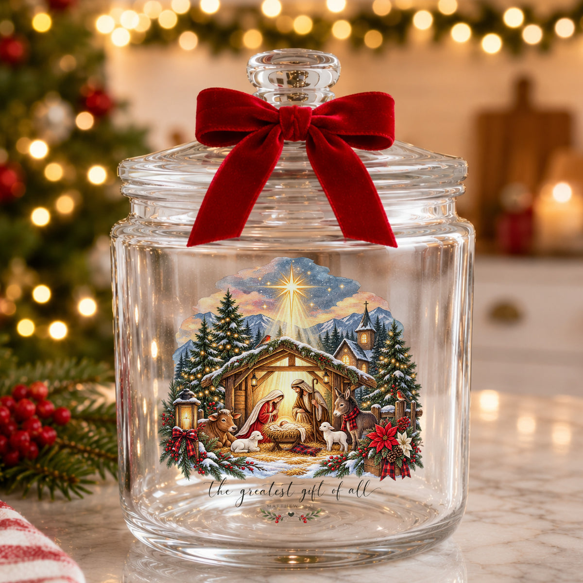 Greatest Gift Of All Nativity Stable UV DTF sticker applied to a glass candy jar tied with a red bow