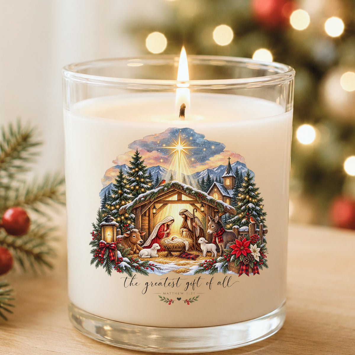 Greatest Gift Of All Nativity Stable UV DTF sticker applied to a white candle in a glass holder near Christmas lights