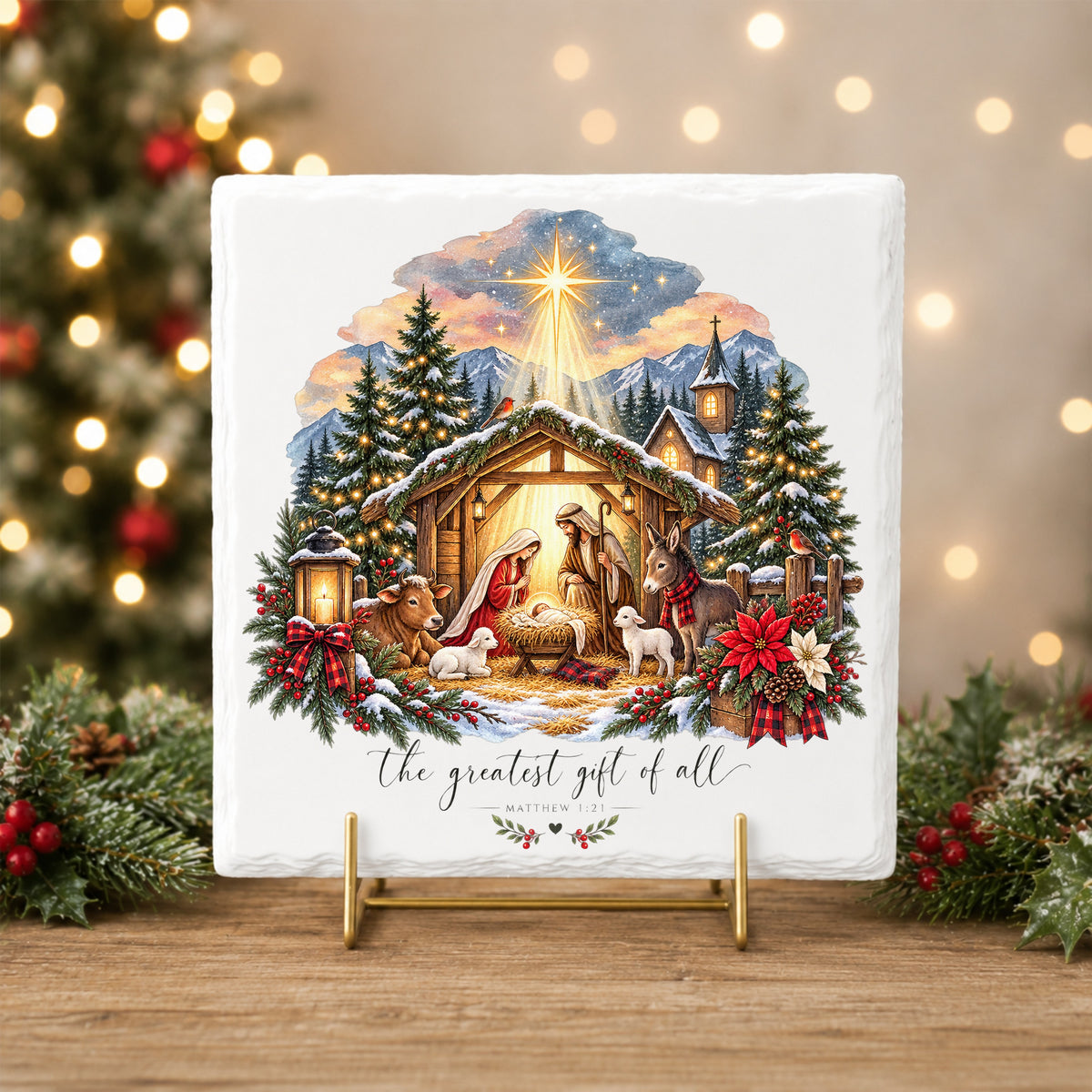 Greatest Gift Of All Nativity Stable UV DTF sticker applied to a white tile on a gold stand