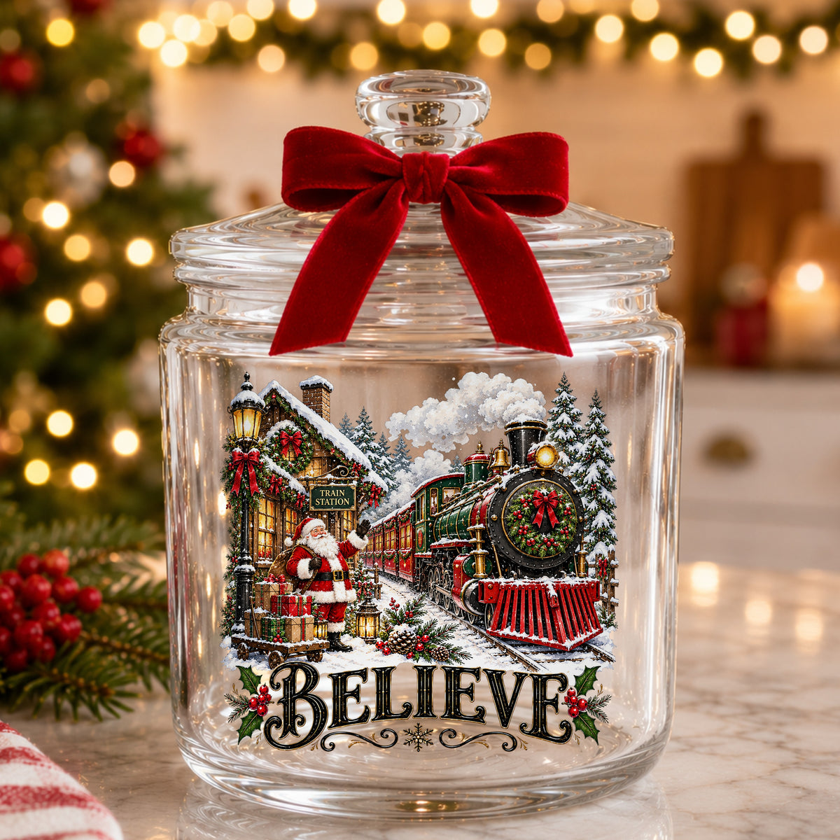 Believe Santa Christmas Train Station UV DTF sticker applied to a glass candy jar tied with a red bow
