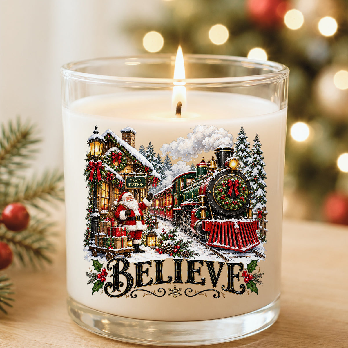 Believe Santa Christmas Train Station UV DTF sticker applied to a white candle in a glass holder near Christmas lights