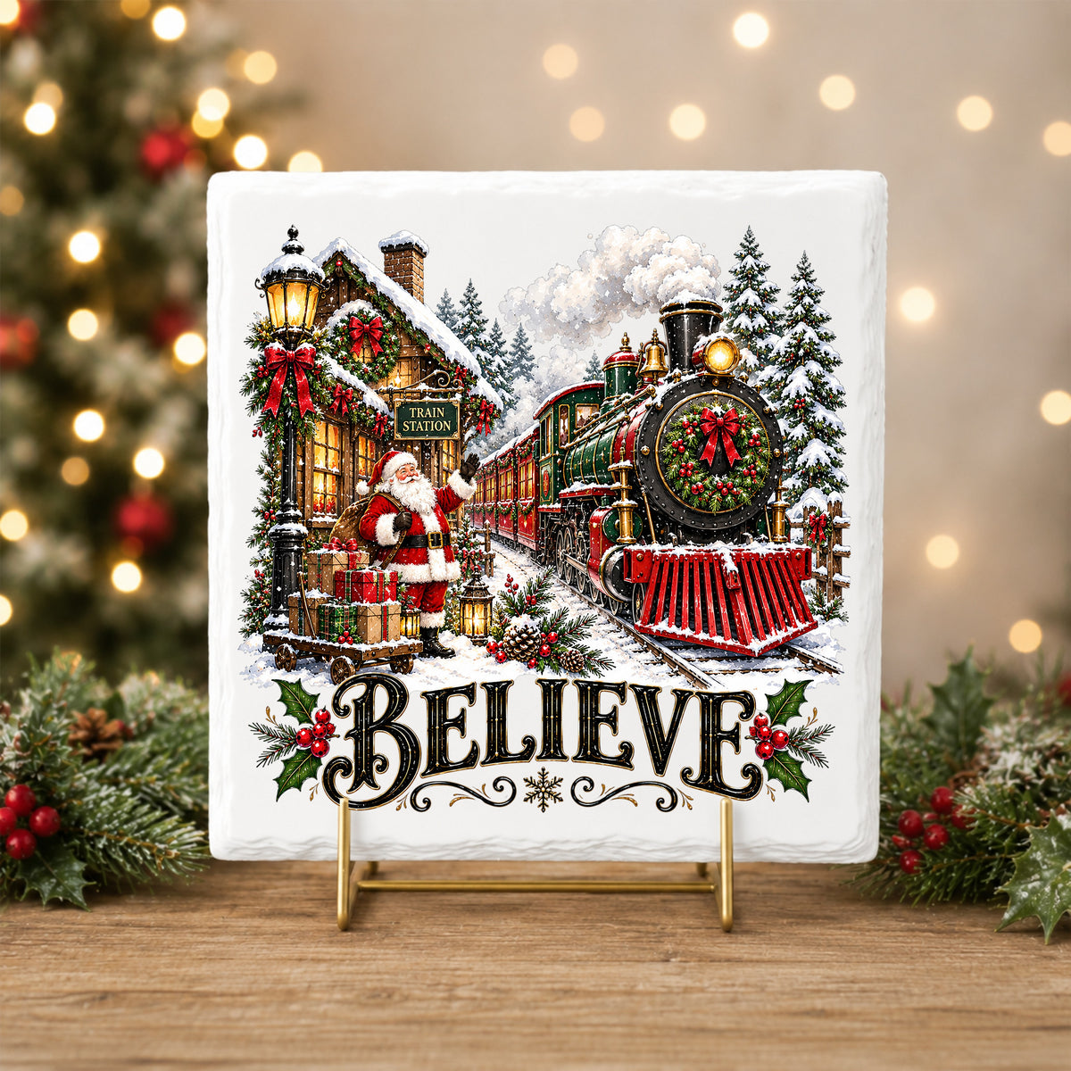 Believe Santa Christmas Train Station UV DTF sticker applied to a white tile on a gold stand