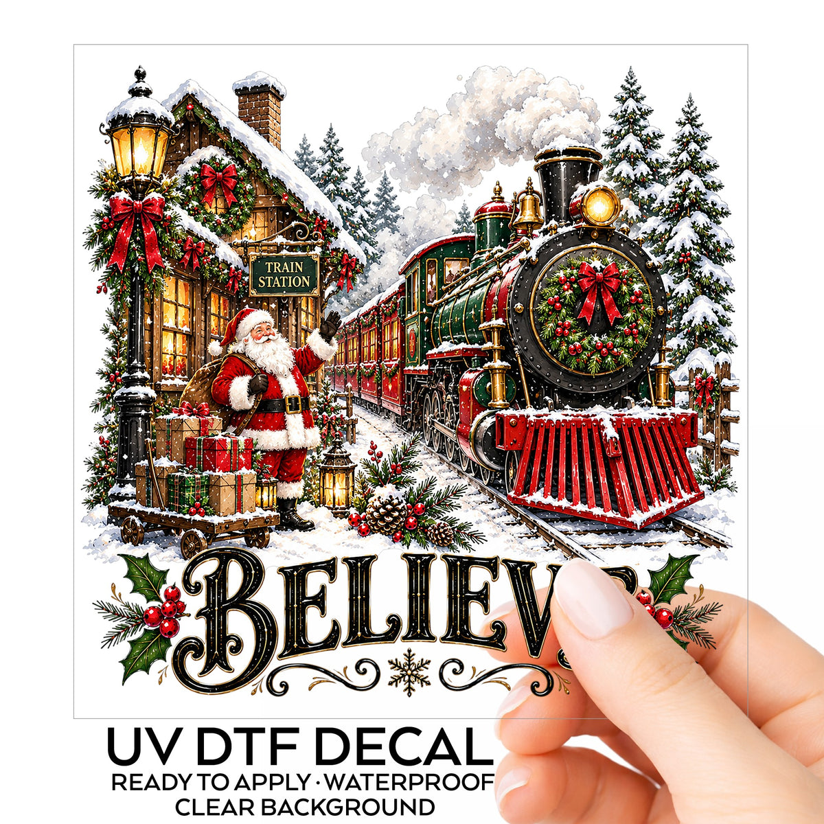 Believe Santa Christmas Train Station UV DTF sticker on its backing card, held in hand