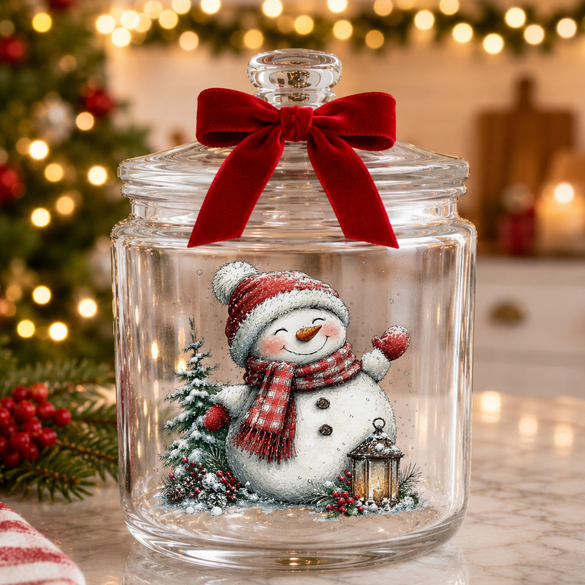 Waving Snowman By Snowy Pine Tree UV DTF sticker applied to a glass candy jar tied with a red bow