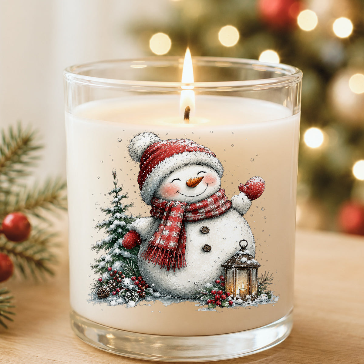 Waving Snowman By Snowy Pine Tree UV DTF sticker applied to a white candle in a glass holder near Christmas lights