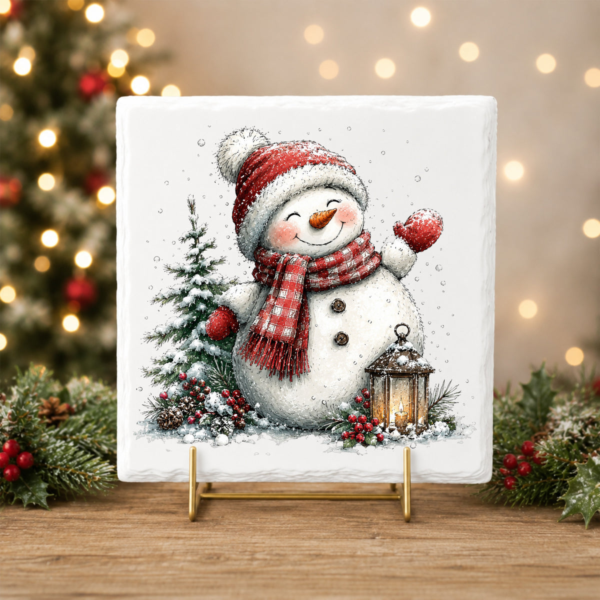 Waving Snowman By Snowy Pine Tree UV DTF sticker applied to a white tile on a gold stand