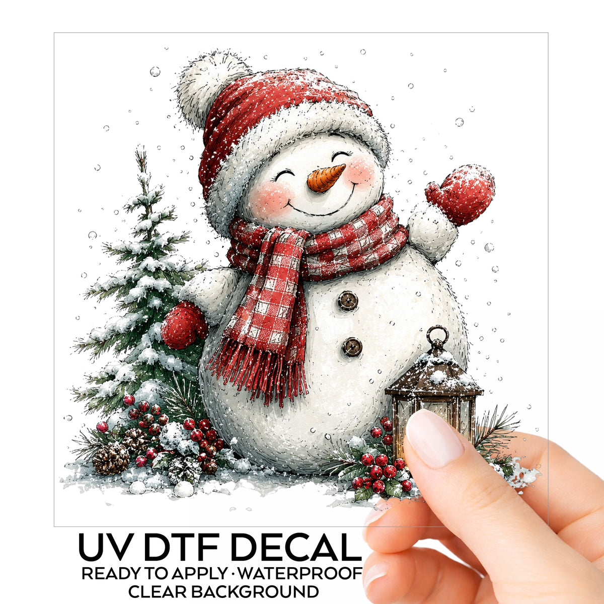 Waving Snowman By Snowy Pine Tree UV DTF sticker on its backing card, held in hand