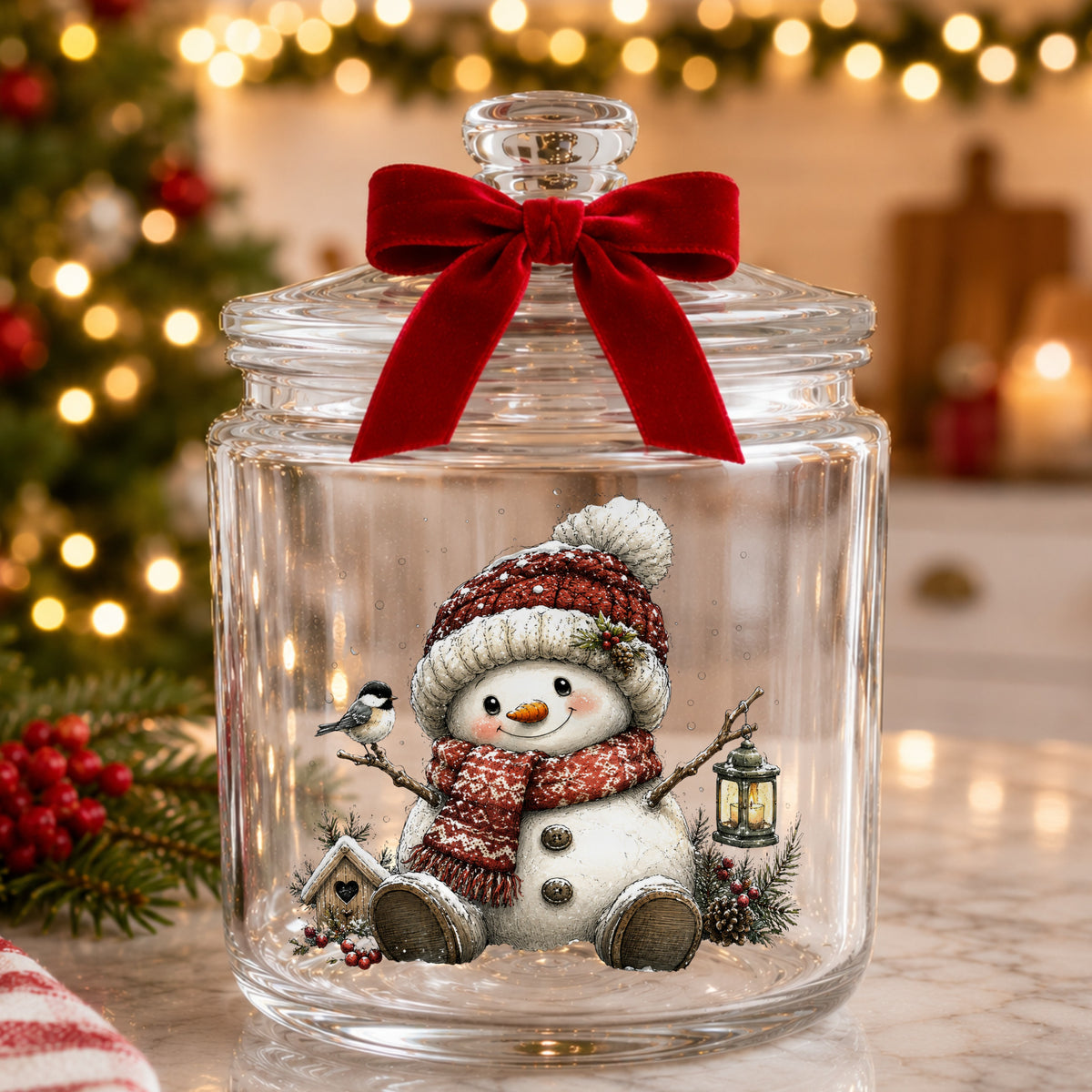 Chickadee Snowman With Birdhouse UV DTF sticker applied to a glass candy jar tied with a red bow