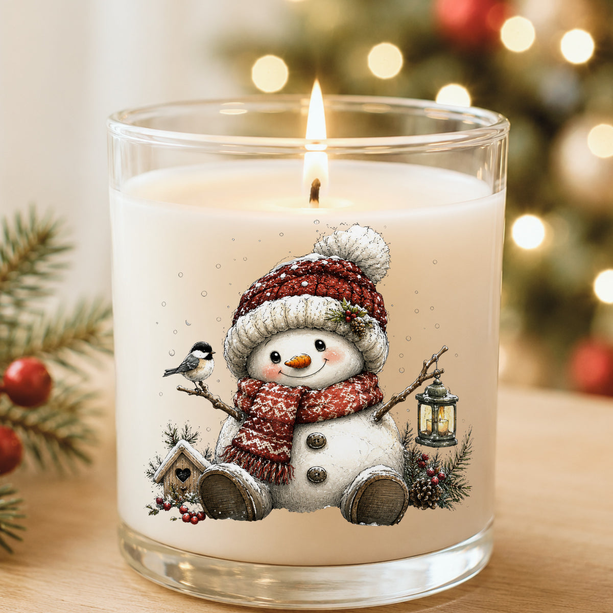 Chickadee Snowman With Birdhouse UV DTF sticker applied to a white candle in a glass holder near Christmas lights