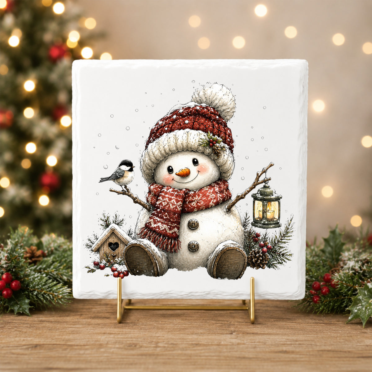 Chickadee Snowman With Birdhouse UV DTF sticker applied to a white tile on a gold stand