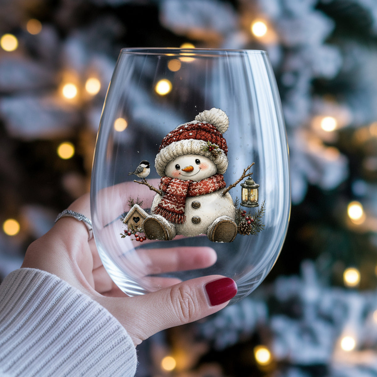 Chickadee Snowman With Birdhouse UV DTF sticker applied to a stemless wine glass held in hand