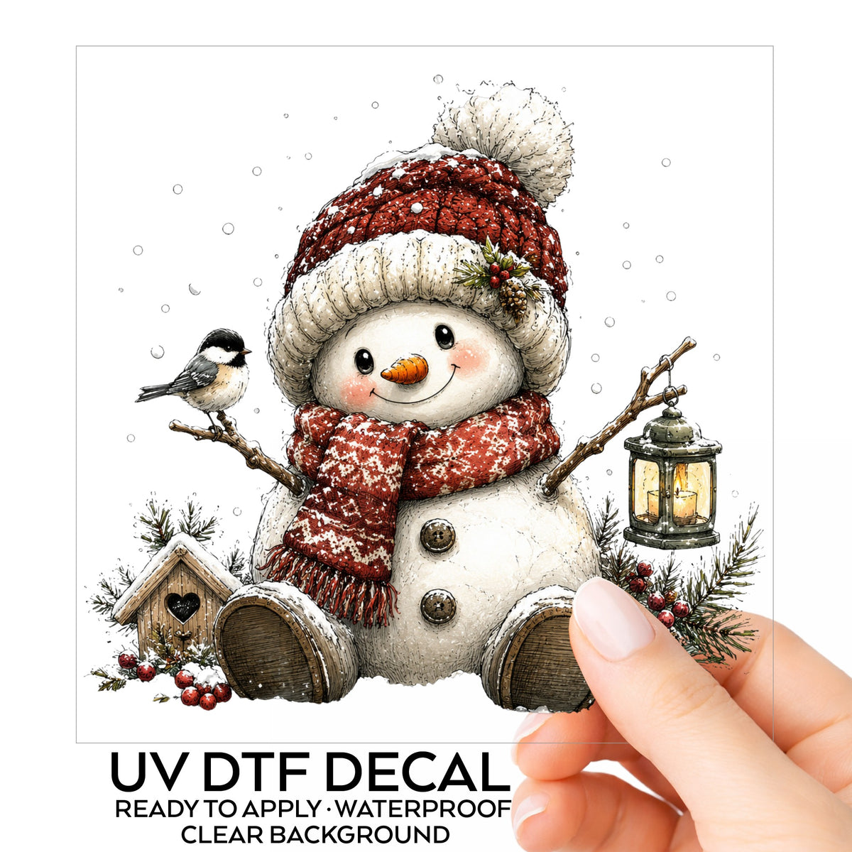 Chickadee Snowman With Birdhouse UV DTF sticker on its backing card, held in hand