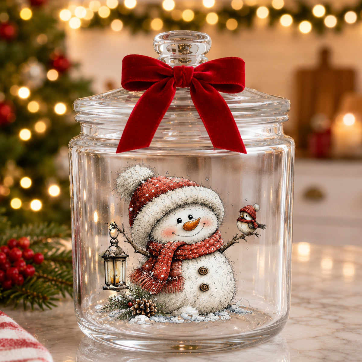 Snowman With Tiny Bird In Red Hat UV DTF sticker applied to a glass candy jar tied with a red bow