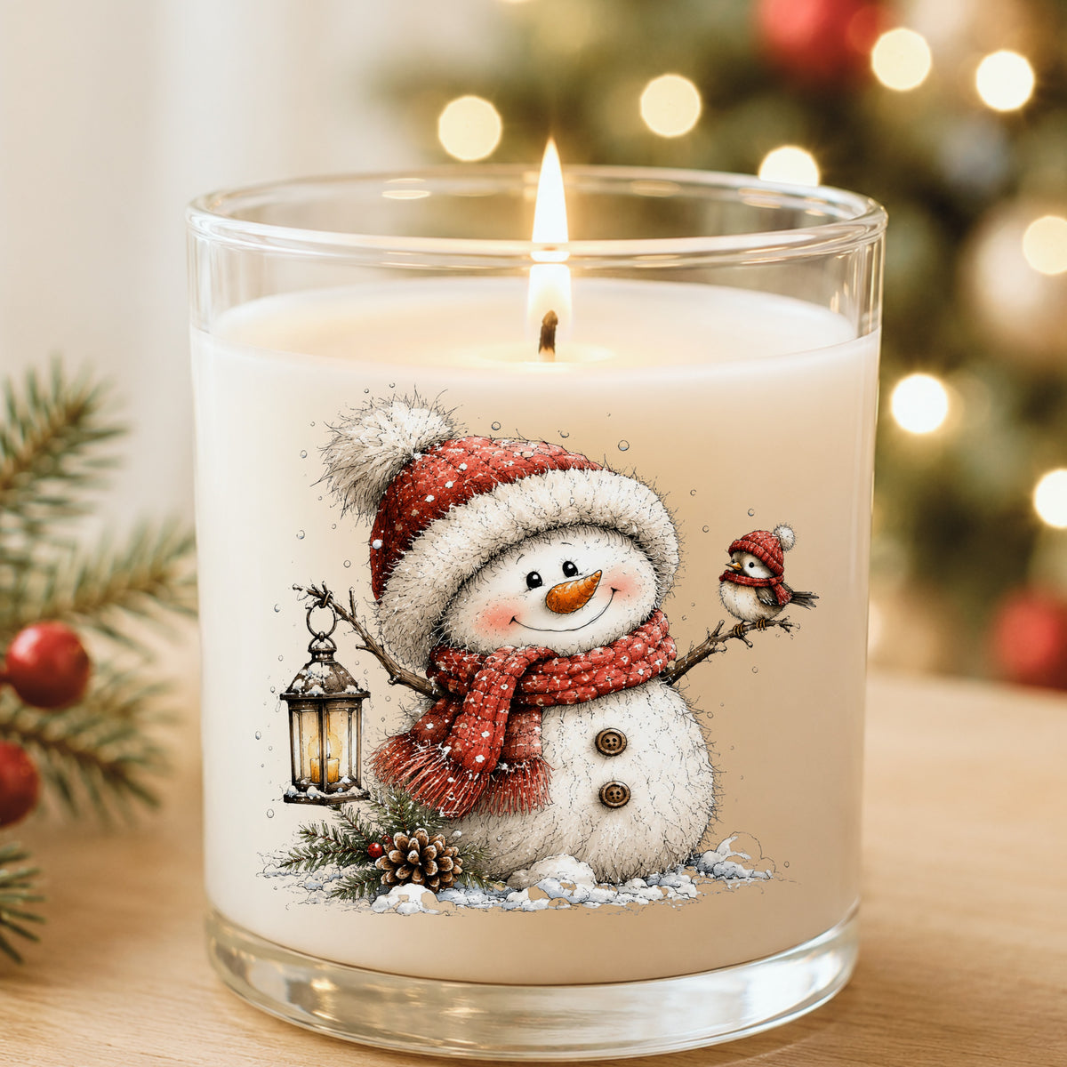 Snowman With Tiny Bird In Red Hat UV DTF sticker applied to a white candle in a glass holder near Christmas lights
