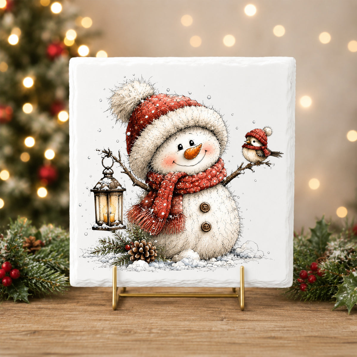 Snowman With Tiny Bird In Red Hat UV DTF sticker applied to a white tile on a gold stand