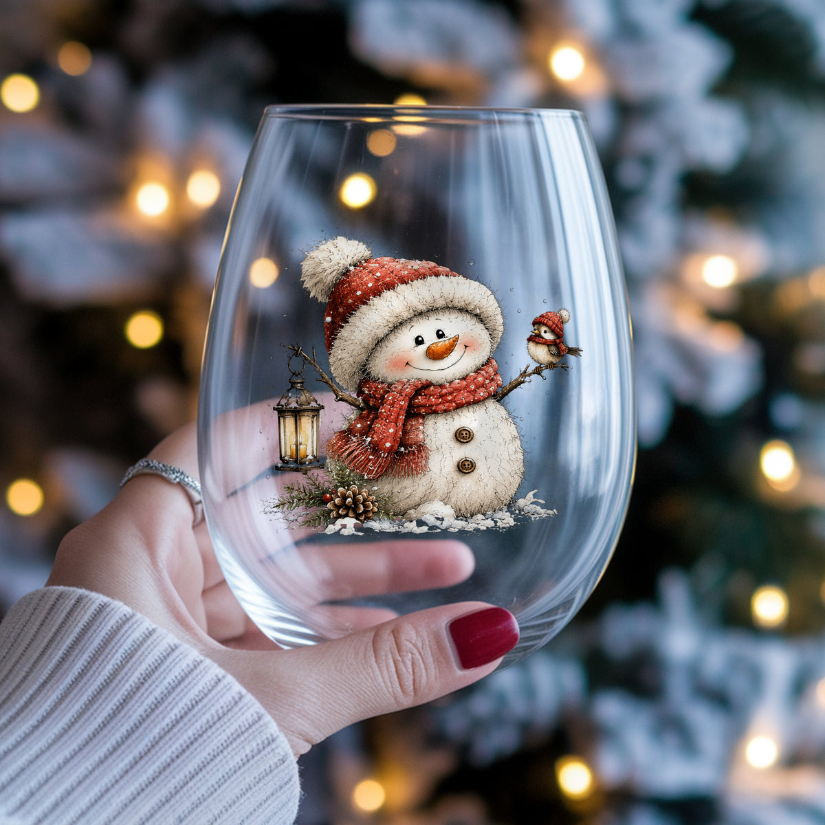 Snowman With Tiny Bird In Red Hat UV DTF sticker applied to a stemless wine glass held in hand