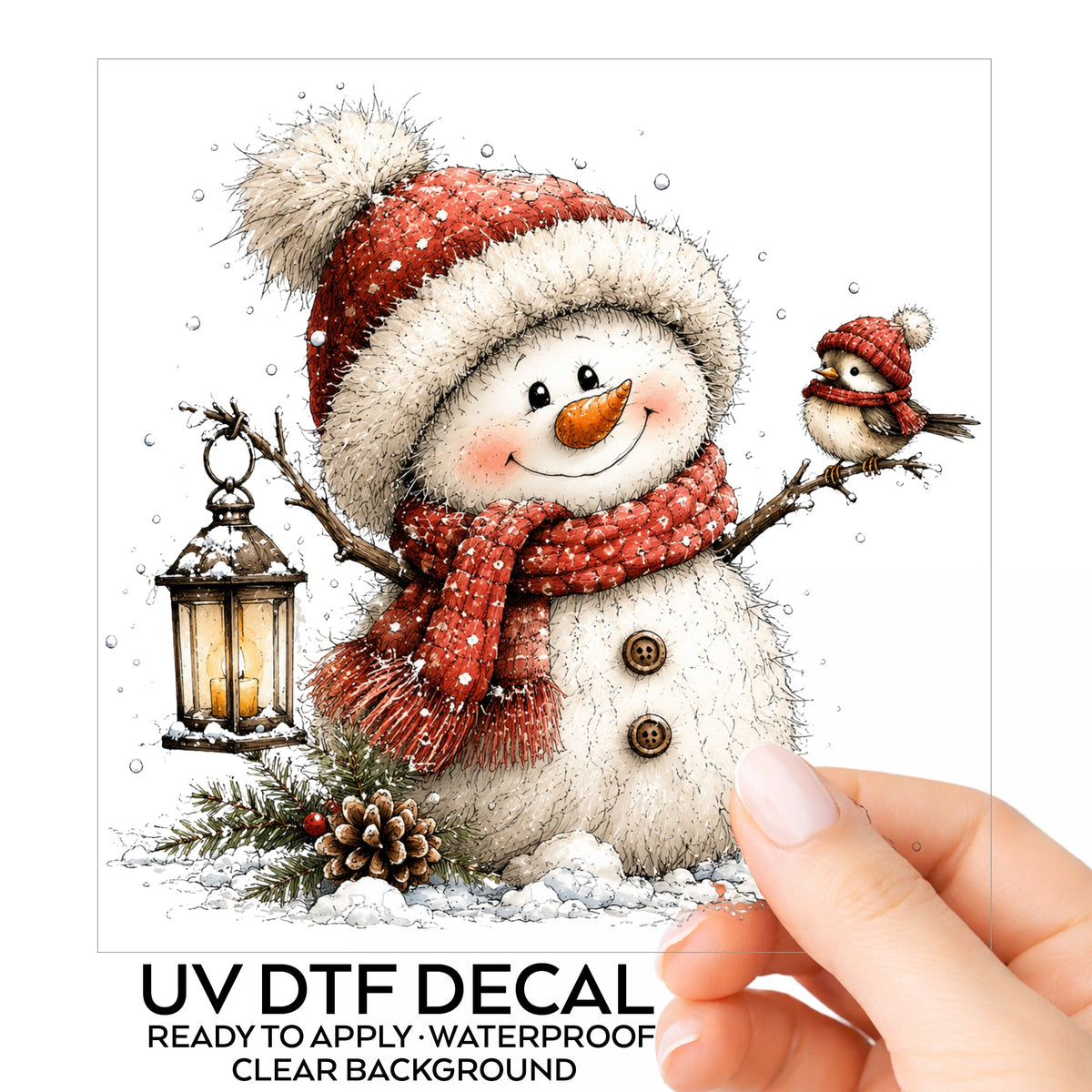 Snowman With Tiny Bird In Red Hat UV DTF sticker on its backing card, held in hand