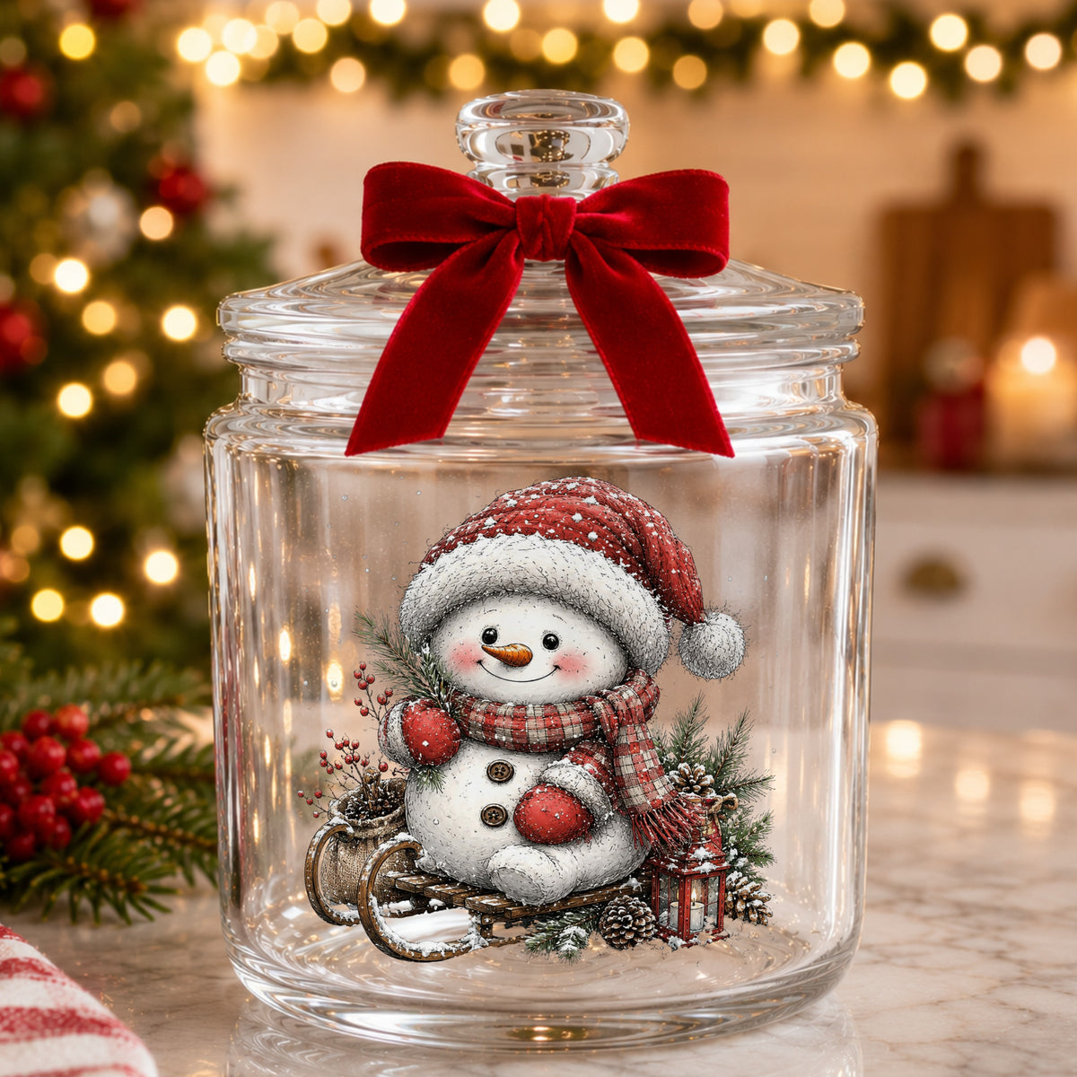Snowman On Wooden Sled UV DTF sticker applied to a glass candy jar tied with a red bow