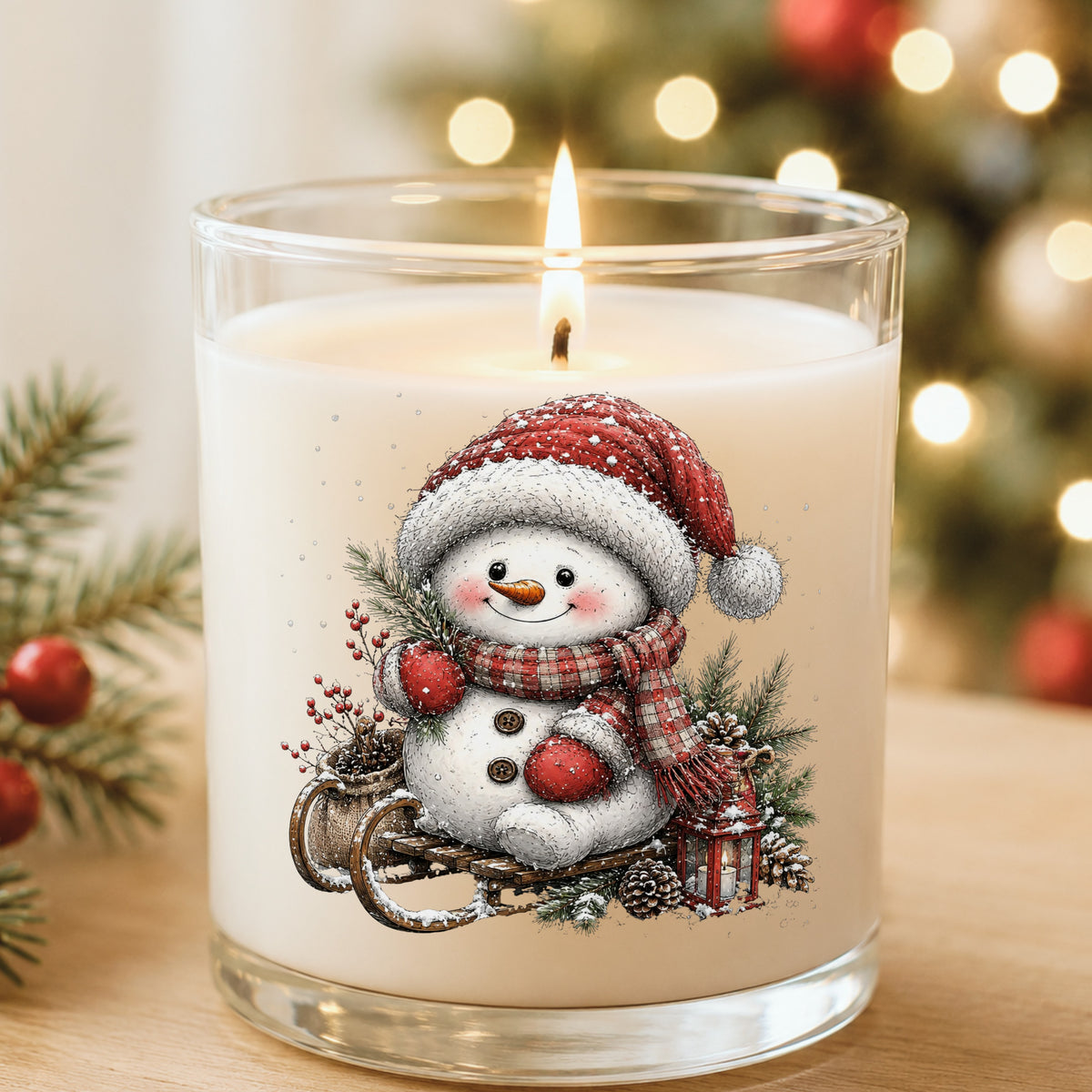 Snowman On Wooden Sled UV DTF sticker applied to a white candle in a glass holder near Christmas lights