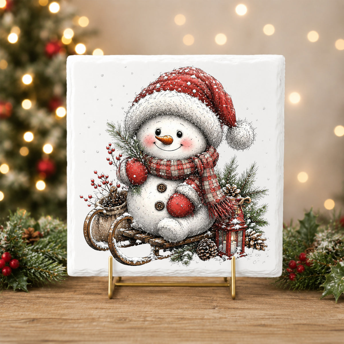 Snowman On Wooden Sled UV DTF sticker applied to a white tile on a gold stand