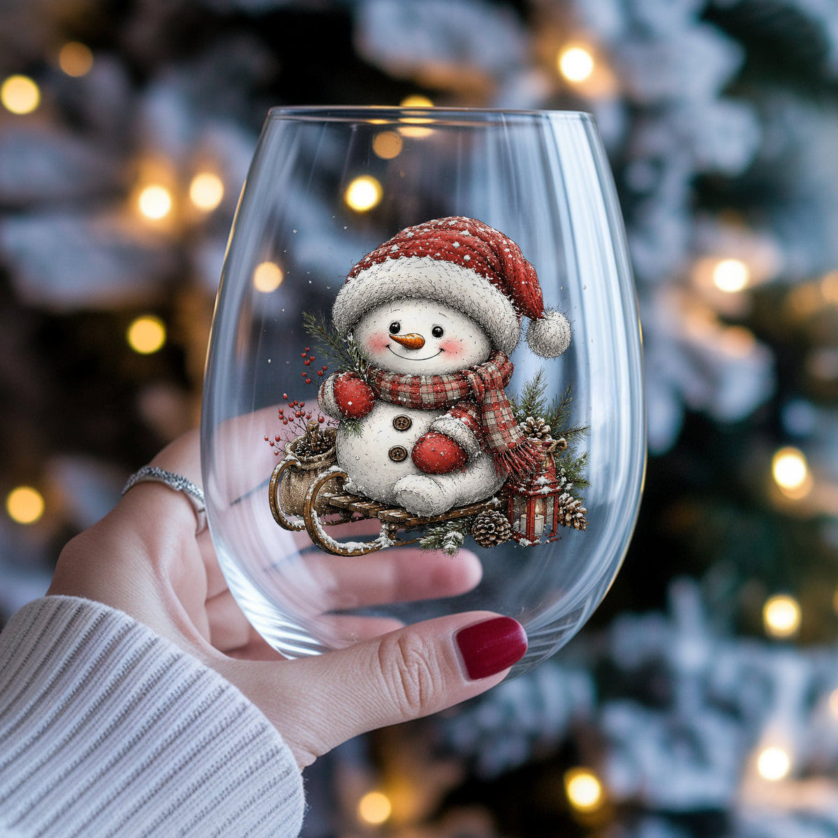 Snowman On Wooden Sled UV DTF sticker applied to a stemless wine glass held in hand