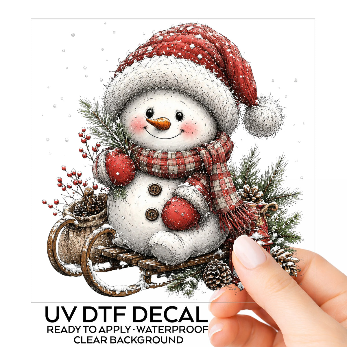 Snowman On Wooden Sled UV DTF sticker on its backing card, held in hand