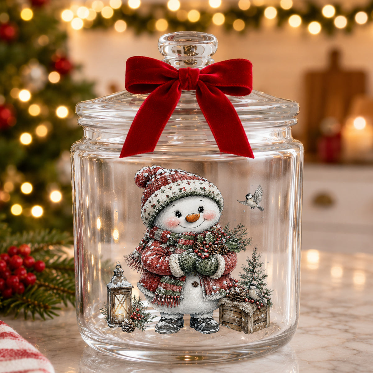 Snowman In Red Sweater Holding Holly UV DTF sticker applied to a glass candy jar tied with a red bow