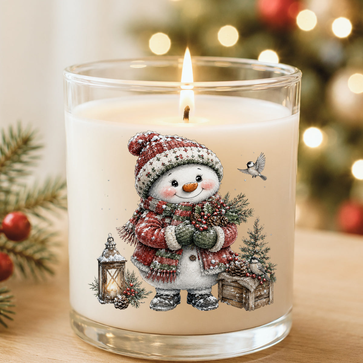 Snowman In Red Sweater Holding Holly UV DTF sticker applied to a white candle in a glass holder near Christmas lights