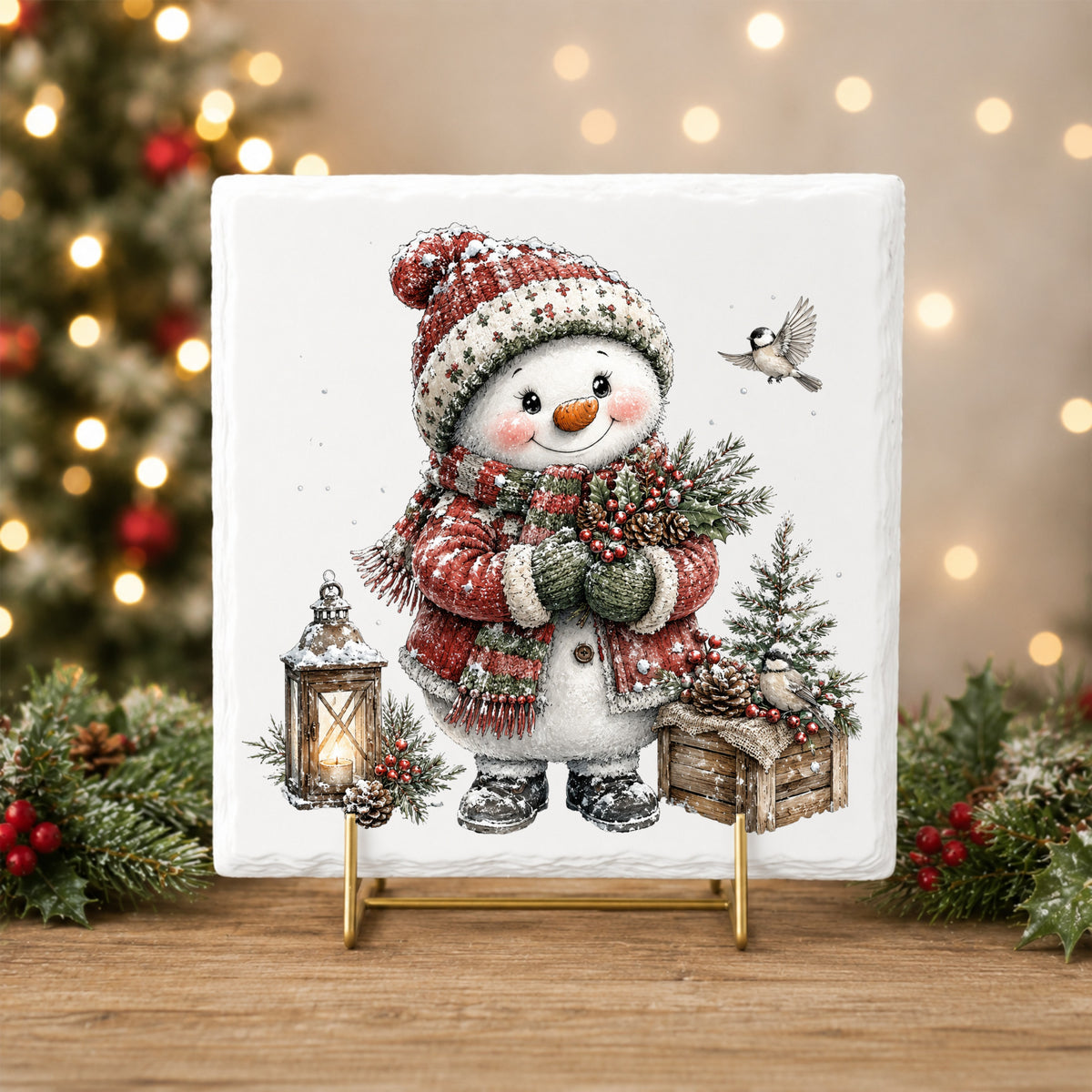 Snowman In Red Sweater Holding Holly UV DTF sticker applied to a white tile on a gold stand