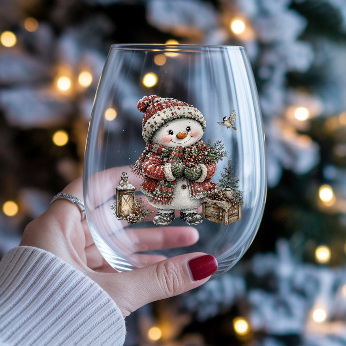 Snowman In Red Sweater Holding Holly UV DTF sticker applied to a stemless wine glass held in hand