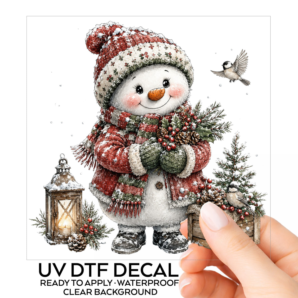 Snowman In Red Sweater Holding Holly UV DTF sticker on its backing card, held in hand