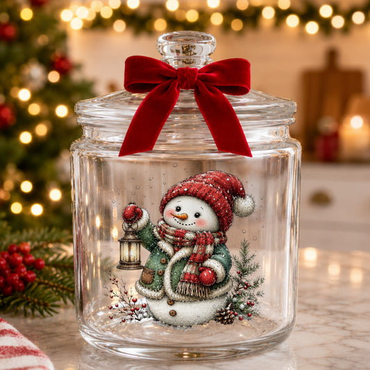 Green Coat Snowman Holding Lantern UV DTF sticker applied to a glass candy jar tied with a red bow