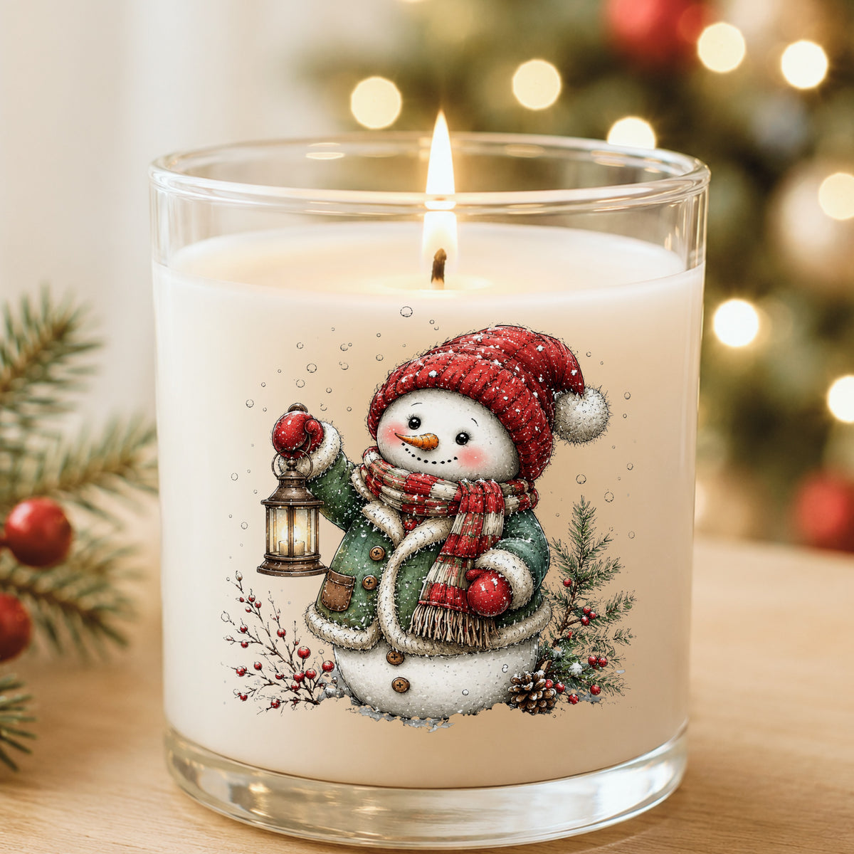 Green Coat Snowman Holding Lantern UV DTF sticker applied to a white candle in a glass holder near Christmas lights