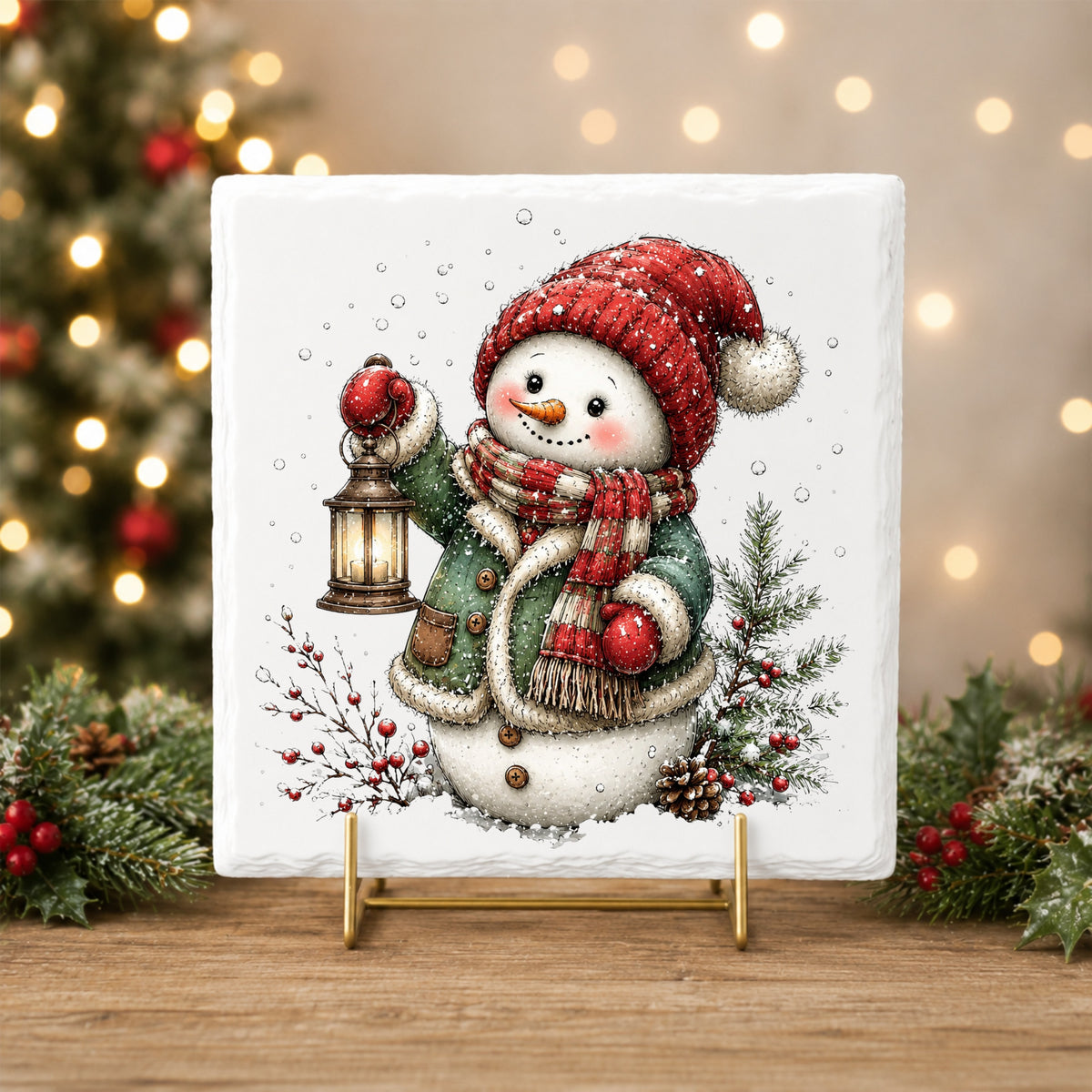 Green Coat Snowman Holding Lantern UV DTF sticker applied to a white tile on a gold stand