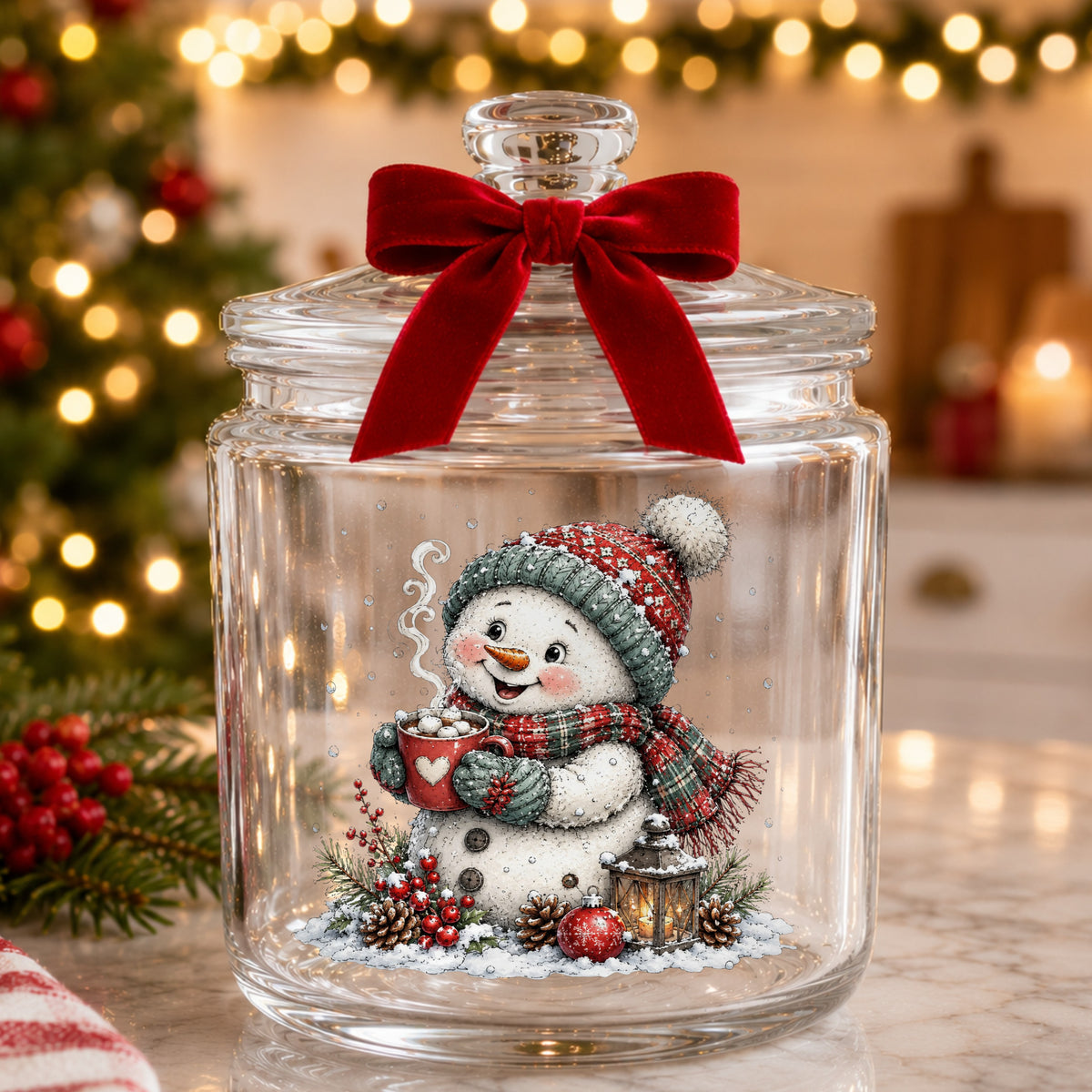 Hot Cocoa Snowman With Heart Mug UV DTF sticker applied to a glass candy jar tied with a red bow