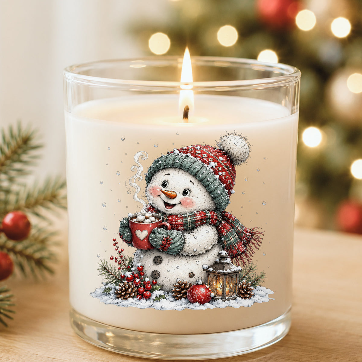 Hot Cocoa Snowman With Heart Mug UV DTF sticker applied to a white candle in a glass holder near Christmas lights