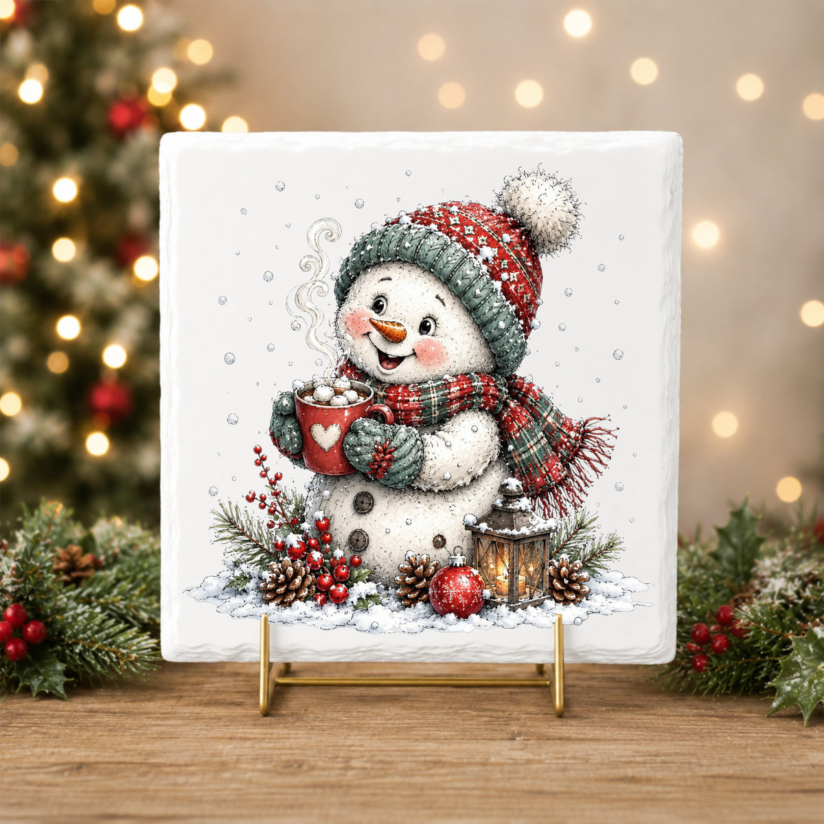 Hot Cocoa Snowman With Heart Mug UV DTF sticker applied to a white tile on a gold stand