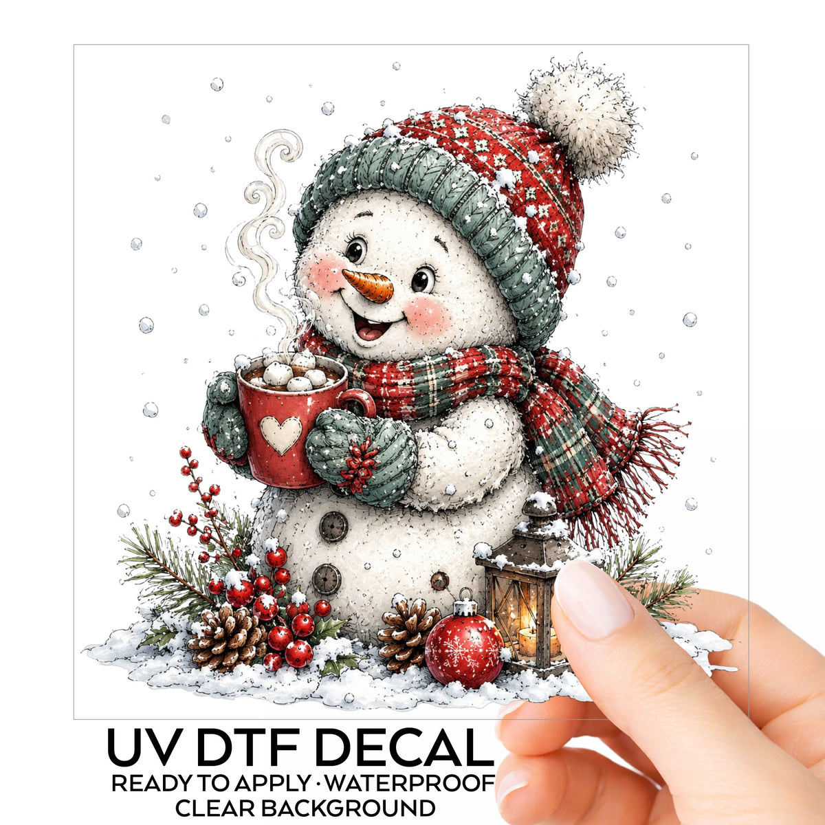 Hot Cocoa Snowman With Heart Mug UV DTF sticker on its backing card, held in hand